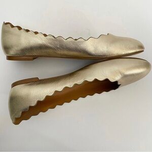 J. Crew Women's 10 Metallic Gold Scalloped Trim Ballet Flats Slip on Comfort